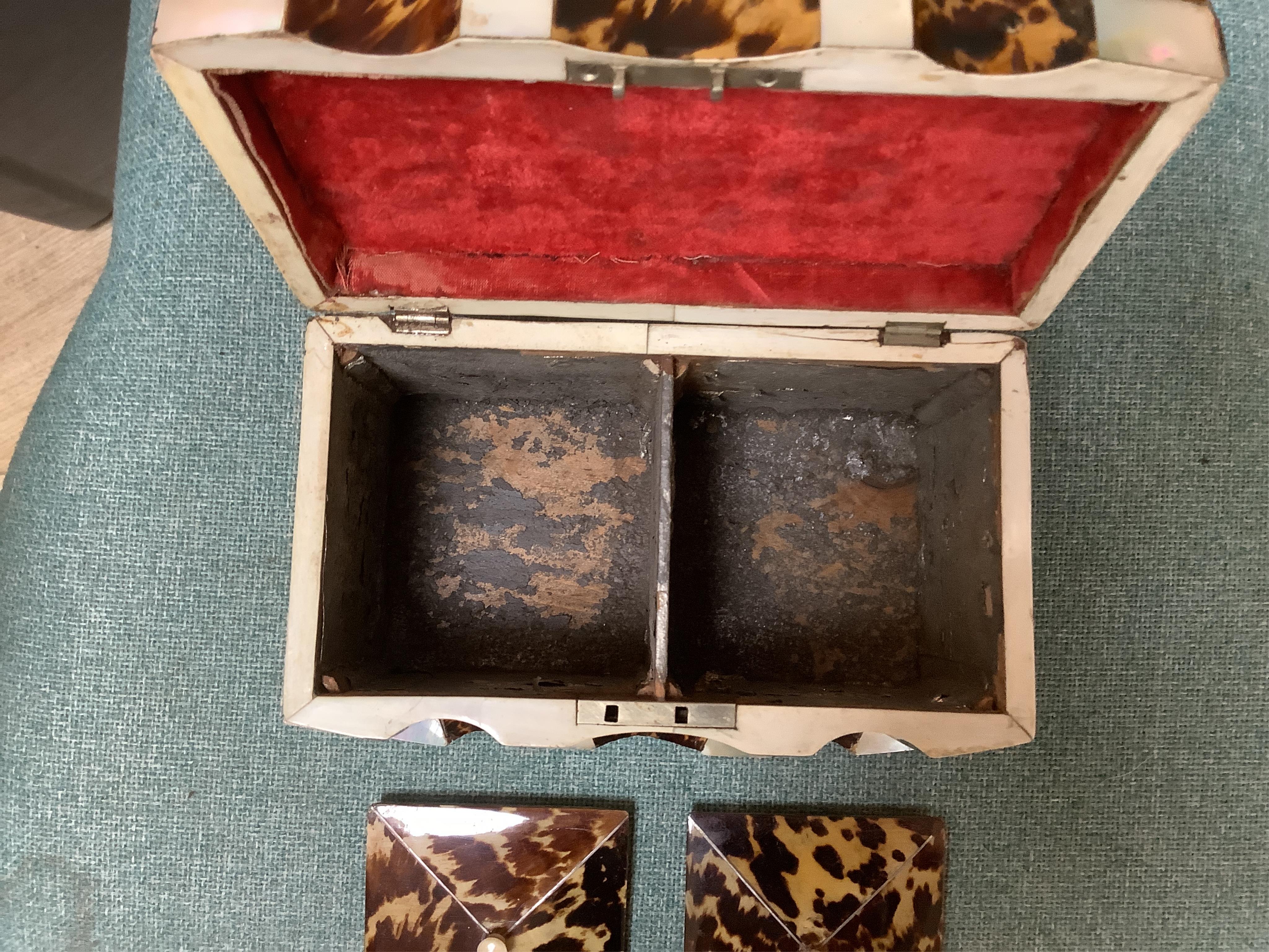 A mid 19th century decorative tortoiseshell and mother of pearl tea caddy, 20cm wide x 12.5cm high CITES Submission reference CXXC25Q1